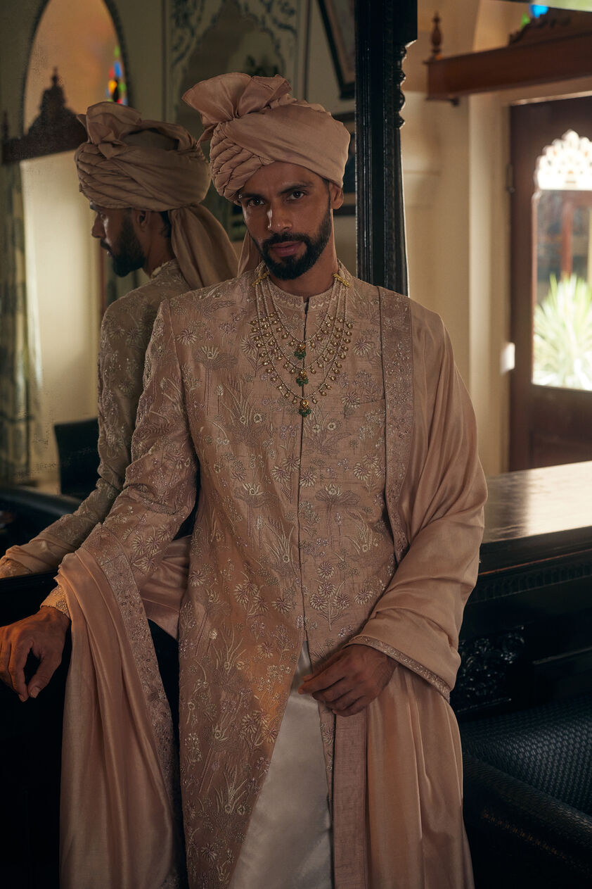 Mahanil Embroidered Silk Sherwani - Champagne, Champagne, image 3